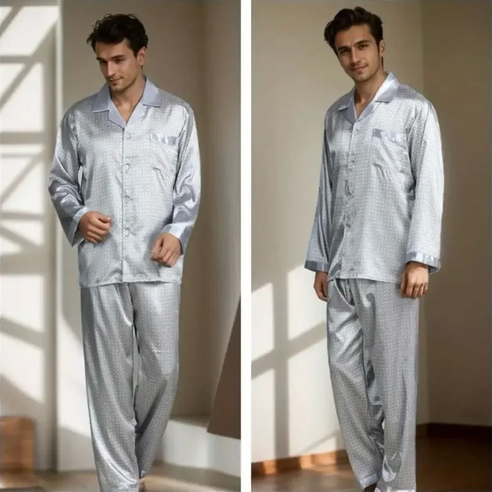NWT Dreams M Men’s Silky Silver Satin Pants & Long sleeve top Shirt Pajama Set